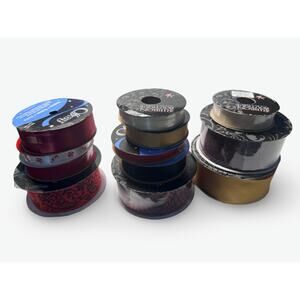 Holiday Ribbon Lot – Red, Black, Gold & Patterned – 12 Roll